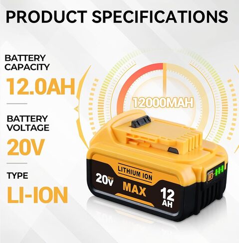 2Pack DCB200 12000MAH 20V Lithium-ion استبدال DeWalt Battery DCB201 ، DCB200 ، DCB203 ، DCB206 ، DCB207 متوافق مع أدوات وقوة بطارية DEWALT 20V اللاسلكي in Kuwait