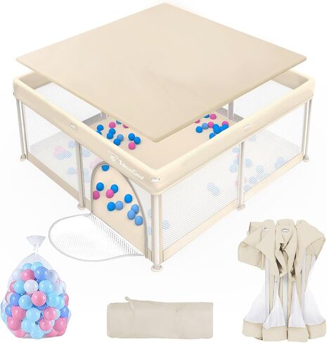 Foldable Baby Playpen for Babies and Toddlers, 50x50 Inch Portable Play Yard, Collapsible Play Pen with Mat, Visible Mesh, 50 Ocean Balls, Indoor/Outdoor Baby Fence Activity Center for Home in Kuwait