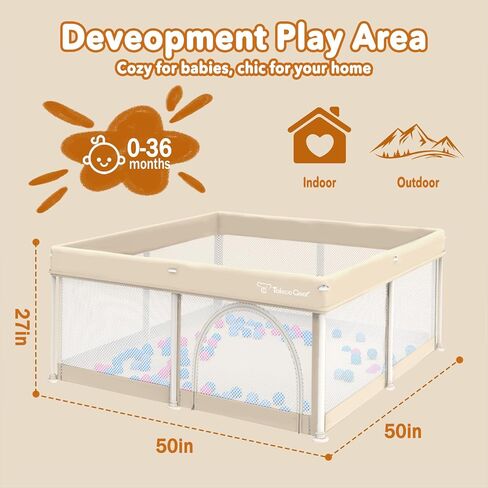 Foldable Baby Playpen for Babies and Toddlers, 50x50 Inch Portable Play Yard, Collapsible Play Pen with Mat, Visible Mesh, 50 Ocean Balls, Indoor/Outdoor Baby Fence Activity Center for Home in Kuwait