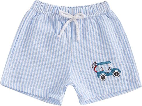 Toddler Boy Girl Seersucker Shorts Golf Cart/Tractor/Football/Baseball Embroidery Boxer Shorts Striped Linen Bottoms in Kuwait