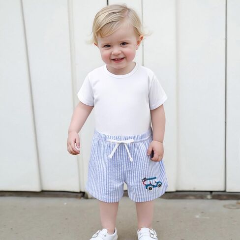 Toddler Boy Girl Seersucker Shorts Golf Cart/Tractor/Football/Baseball Embroidery Boxer Shorts Striped Linen Bottoms in Kuwait