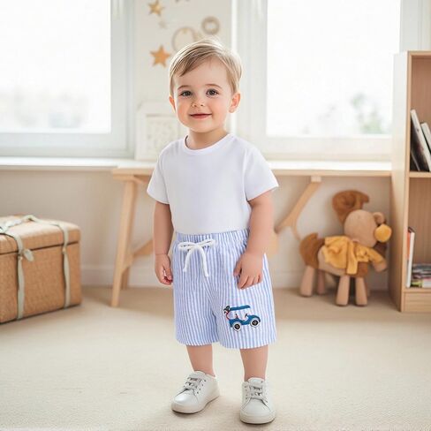 Toddler Boy Girl Seersucker Shorts Golf Cart/Tractor/Football/Baseball Embroidery Boxer Shorts Striped Linen Bottoms in Kuwait