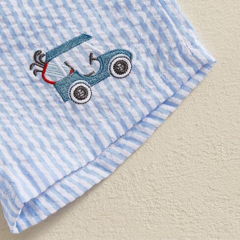 Toddler Boy Girl Seersucker Shorts Golf Cart/Tractor/Football/Baseball Embroidery Boxer Shorts Striped Linen Bottoms in Kuwait