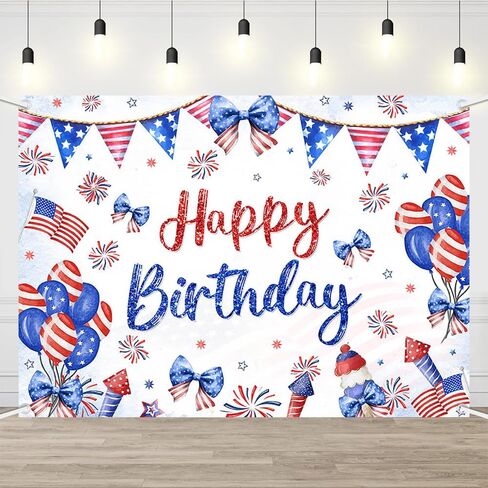 Happy Birthday Backdrop Red White and Blue Independence Day Photography Background Coquette 4th of July Birthday Decorations Bow Balloon Firework Patriotic Party Banner Photo Props 6x3.6ft in Saudi Arabia