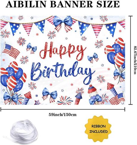 Happy Birthday Backdrop Red White and Blue Independence Day Photography Background Coquette 4th of July Birthday Decorations Bow Balloon Firework Patriotic Party Banner Photo Props 6x3.6ft in Saudi Arabia
