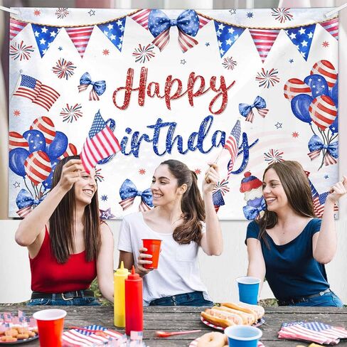 Happy Birthday Backdrop Red White and Blue Independence Day Photography Background Coquette 4th of July Birthday Decorations Bow Balloon Firework Patriotic Party Banner Photo Props 6x3.6ft in Saudi Arabia