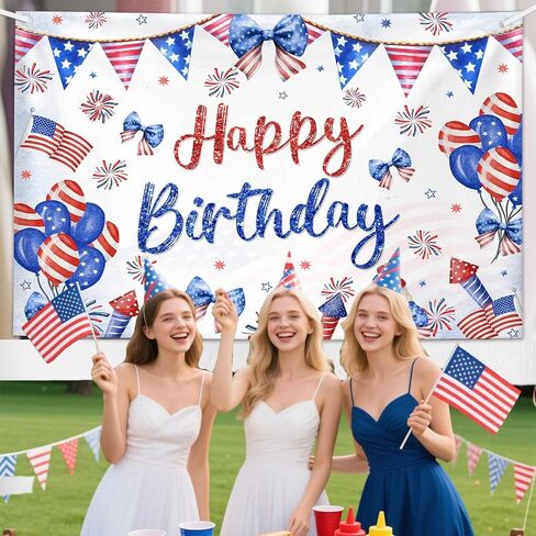 Happy Birthday Backdrop Red White and Blue Independence Day Photography Background Coquette 4th of July Birthday Decorations Bow Balloon Firework Patriotic Party Banner Photo Props 6x3.6ft in Saudi Arabia