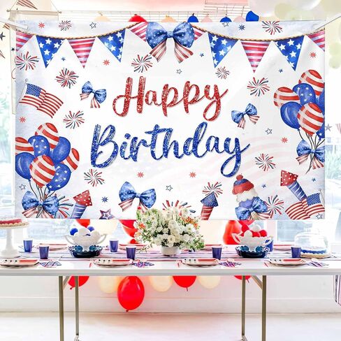 Happy Birthday Backdrop Red White and Blue Independence Day Photography Background Coquette 4th of July Birthday Decorations Bow Balloon Firework Patriotic Party Banner Photo Props 6x3.6ft in Saudi Arabia