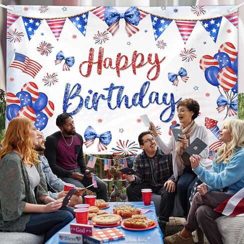 Happy Birthday Backdrop Red White and Blue Independence Day Photography Background Coquette 4th of July Birthday Decorations Bow Balloon Firework Patriotic Party Banner Photo Props 6x3.6ft in Saudi Arabia