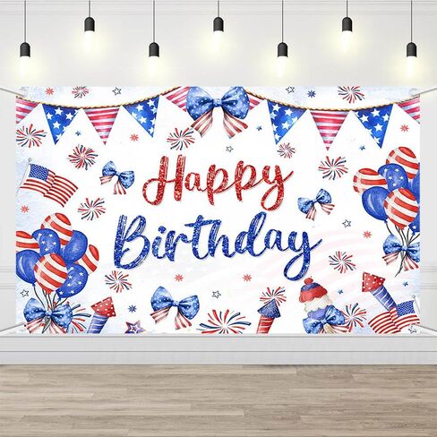 Happy Birthday Backdrop Red White and Blue Independence Day Photography Background Coquette 4th of July Birthday Decorations Bow Balloon Firework Patriotic Party Banner Photo Props 6x3.6ft in Saudi Arabia