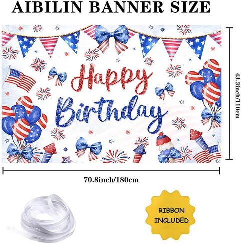 Happy Birthday Backdrop Red White and Blue Independence Day Photography Background Coquette 4th of July Birthday Decorations Bow Balloon Firework Patriotic Party Banner Photo Props 6x3.6ft in Saudi Arabia