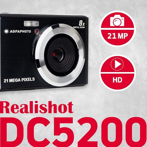 AGFA Photo Realishot DC5200 - Compact Camera, 21MP, 2.4 inch LCD Screen, 8X Digital Zoom, 720p HD Video, Lithium Battery, SD Cards, Scene Modes - Black in Saudi Arabia