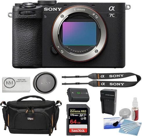 Sony A7C II كاميرا بدون مرآة | حزمة سوداء مع بطاقة ذاكرة 64 جيجابايت + مجموعة تنظيف الكاميرا من 5 قطع + شاحن بطارية + قطعة قماش + حالة كاميرا (6 عناصر) in Saudi Arabia