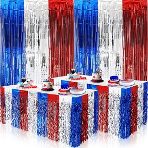 4 Pack 4th of July Decorations Red White and Blue Foil Fringe Curtain Background Patriotic Table Skirts Independence Day Tinsel Backdrop for 4th of July Party Decorations Labor Day Photo Prop