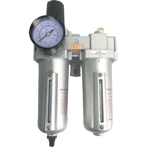 1/2" NPT HEAVY DUTY Compressed Air In Line Filter Regulator Lubricator Oiler Combo Piggyback, Metal Bowl, 5 Micron Element, Adjustable From 7 to 175 PSI (AUTO DRAIN)