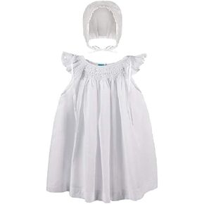 SUMA Baby Girls White Cotton Smocked Dress (Dress, Bonnet Included)