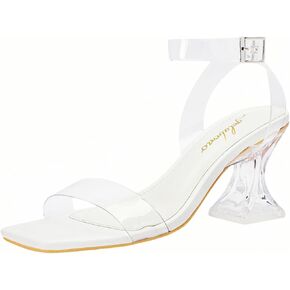Clear Heels for Women Chunky Heel Sexy Open Square Toe Clear Ankle Strap Block Low Heeled Sandals