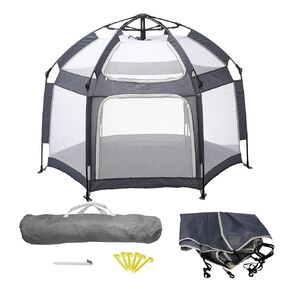 Baby Playpen, Portable Baby Playpen with UPF50+ Canopy, 1-Second Setup, Foldable Play Yard for Indoor/Outdoor Use, Kids Tent for Beach Camping Travel - Includes Travel Bag & Safety Stakes(Gray)
