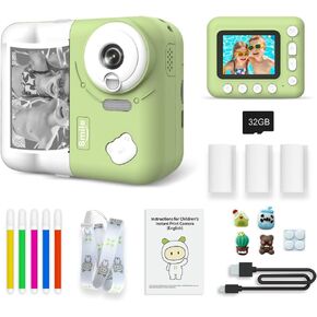 Andoer Instant Camera Kids Instant Print Camera for Children Digital Camera 1080P for Kids 2.4 Inch IPS Screen 10X Zoom for Kids Boys Girls, Green