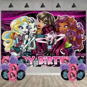 Monster Girl Birthday Party Decoration,Monster Highs Party Photo Background 5 x 3 FT and 18 Pcs Balloon,Girl Merch Party Backdrop Supplies