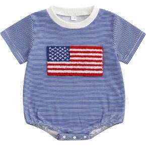 Suolongsama Newborn Baby Boy Girl 4th of July Outfit American Flag Bubble Romper Waffle Striped Bodysuit Summer Clothes