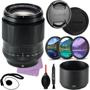 Fujifilm XF 90mm F/2 R LM WR Bundle + حزمة الملحقات بما في ذلك UV ، CPL ، FLD Filters + Caper Caper + Pen/Blower + Microfiber Cloth (13 عنصرًا)