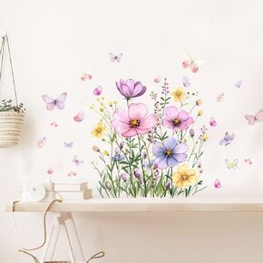 Watercolor Floral Wall Decals, Garden Flowers and Butterflies Wall Stickers, Pink Purple Yellow Nursery Room Decorations