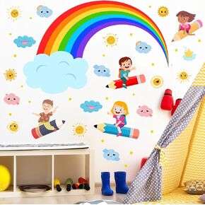 Rainbow Wall Decals Colorful Kids Wall Stickers for Classroom, Inspirational Sun Clouds Wall Decals Watercolor Splatter Sunny Art Murals for Girls Room Nursery Playroom Decorations