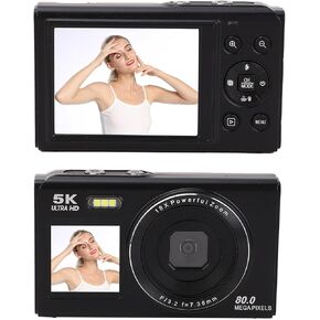 Digital Camera, 5k 80MP Dual Screens Camera, 2.8in 1.5in, Portable Small Point and Shoot Digital Cameras with 18X Zoom,WiFi Rechargeable Battery for Kids Teens Adult Beginner