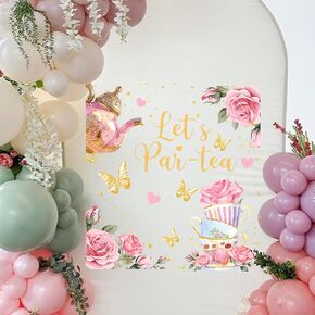 Let's Par-Tea Decal - Tea Party Wall Decor, Pink Roses and Gold Butterflies Design, Let's Par-Tea Theme (par-Tea Decal)