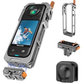Reygeak Aluminium Cage لـ Insta360 x5 ، إطار الأداة المساعدة الواقية لـ Insta360 x5 ، حبل قاعدة إطلاق سريع مع غطاء عدسة السيليكون ، 1/4 أصابع قابلة للطي للموضوع لإكسسوارات Insta360
