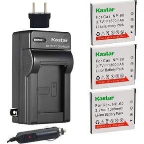 Kastar Battery (3-Pack) and Charger Kit for Cas NP-60 NP60 CNP60 and Cas Exilim EX-FS10 EX-S10 EX-S12 EX-Z9 EX-Z19 EX-Z20 EX-Z21 EX-Z25 EX-Z29 EX-Z80 EX-Z85 EX-Z90 Digital Cameras