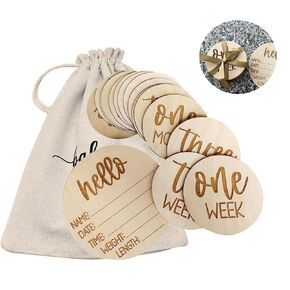Baby Milestone Cards,Birth Announcement Sign for Baby Photos and First Year Milestone Wooden Circles with "Hello World "Newborn Sign and Monthly Cards from 1-12 Months are a Great Gift.