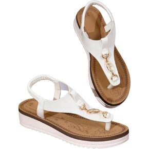 Verdusa Women's Chain T Strap Wedge Sandal Elastic Ankle Strap Leather Thong Sandals