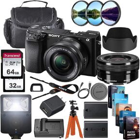 Sony Alpha a6100 Mirrorless Digital Camera 24.2MP with 16-50mm Lenses + 64GB & 32GB Memory Cards, Sturdy Equipment Carrying Case, Spider Tripod, Camera Flash, Software Kit and More