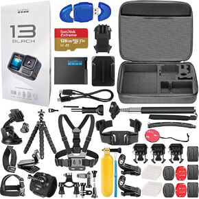 GoPro Hero13 (Hero 13) كاميرا أسود - مقاومة للماء مع فيديو 5.3k Ultra HD ، 27 ميجابكسل صور ، البث المباشر ، كاميرا الويب ، بطاقة تثبيت + 128 جيجا بايت ، مجموعة من 50 قطعة - حزمة (متجددة)