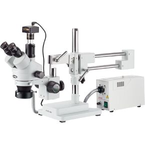 AmScope 7X-90X Simul-Focal Stereo Zoom Microscope on Boom Stand with Fiber Light and 10MP Camera