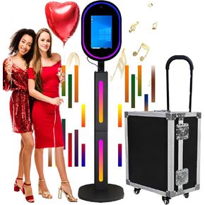 Mirror Photo Booth with Camera and APP Software Magic Selfie Station Shell Stand Photobooth Machine Touch Screen with Ring Light and Trolley Flight Case for Events Wedding Rental Halloween