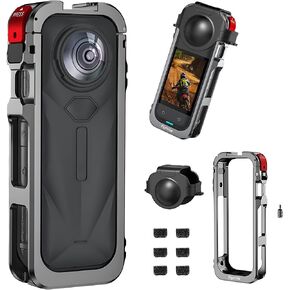 Camera Cage Metal Frame for Insta360 X5, Aluminum Alloy Body with Cold Shoe Mount & 1/4" Screw Ports, Compatible with Mic/Light/Tripod
