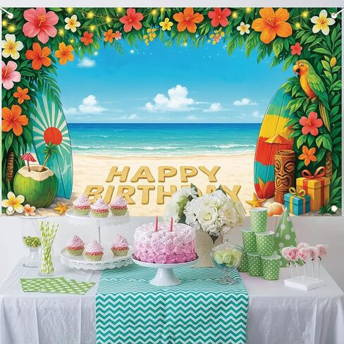 Tropical Tiki Bar Birthday Party Backdrop Banner Summer Beach Hawaiian Flamingo Flowers Palm Leaves Photography Background Aloha Beach Luau Party Supplies Photo Booth Props Decorations 71 x 43 Inch in Kuwait