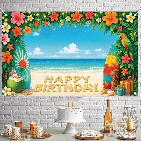 Tropical Tiki Bar Birthday Party Backdrop Banner Summer Beach Hawaiian Flamingo Flowers Palm Leaves Photography Background Aloha Beach Luau Party Supplies Photo Booth Props Decorations 71 x 43 Inch in Kuwait