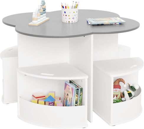 Toddler Table and Chair Set with 4 Storage Stools, Flower Shaped Nesting Design with Built-in Pen Holder, Kids Table for Activity/Play/Art/Read/Craft, Grey and White in Saudi Arabia