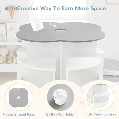 Toddler Table and Chair Set with 4 Storage Stools, Flower Shaped Nesting Design with Built-in Pen Holder, Kids Table for Activity/Play/Art/Read/Craft, Grey and White in Saudi Arabia