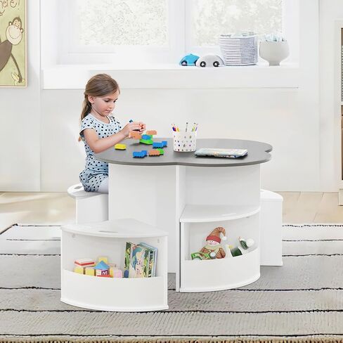 Toddler Table and Chair Set with 4 Storage Stools, Flower Shaped Nesting Design with Built-in Pen Holder, Kids Table for Activity/Play/Art/Read/Craft, Grey and White in Saudi Arabia