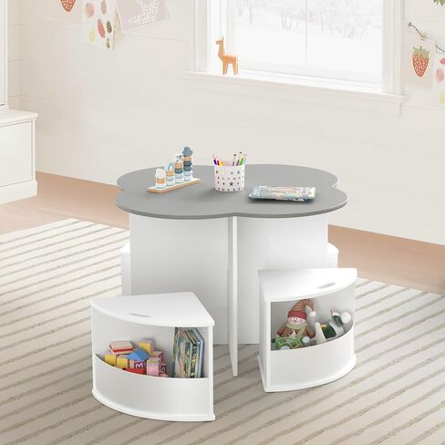 Toddler Table and Chair Set with 4 Storage Stools, Flower Shaped Nesting Design with Built-in Pen Holder, Kids Table for Activity/Play/Art/Read/Craft, Grey and White in Saudi Arabia