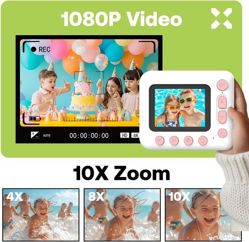 Andoer Camera Kids Kids Instant Print Camera للأطفال الرقمي للأطفال 1080 بكسل للأطفال 2.4 بوصة شاشة 10x Zoom للأطفال الفتيات ، الأخضر in Saudi Arabia