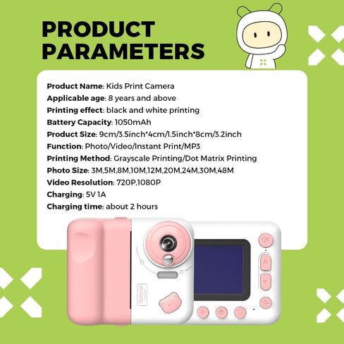 Andoer Camera Kids Kids Instant Print Camera للأطفال الرقمي للأطفال 1080 بكسل للأطفال 2.4 بوصة شاشة 10x Zoom للأطفال الفتيات ، الأخضر in Saudi Arabia