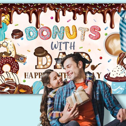 Donuts with Dad Banner Backdrop 7x5FT Happy Father's Day Background Best Dad Ever Decorations Fathers Day Party Decor Supplies Photo Props in Kuwait