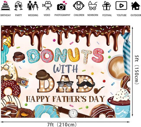Donuts with Dad Banner Backdrop 7x5FT Happy Father's Day Background Best Dad Ever Decorations Fathers Day Party Decor Supplies Photo Props in Kuwait