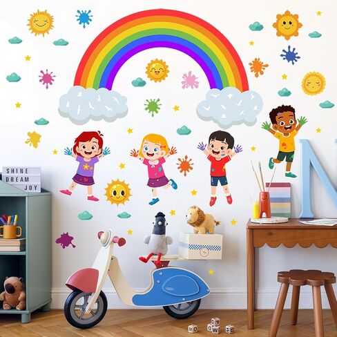 Rainbow Wall Decals Colorful Kids Wall Stickers for Classroom, Inspirational Sun Clouds Wall Decals Watercolor Splatter Sunny Art Murals for Girls Room Nursery Playroom Decorations in Kuwait